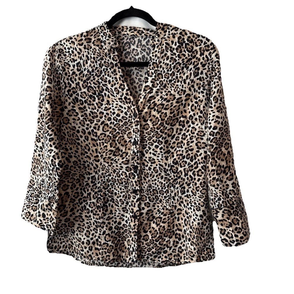 Leopard Print Linen Cotton Collarless Button Up Blouse M Boho Chic Western Edgy